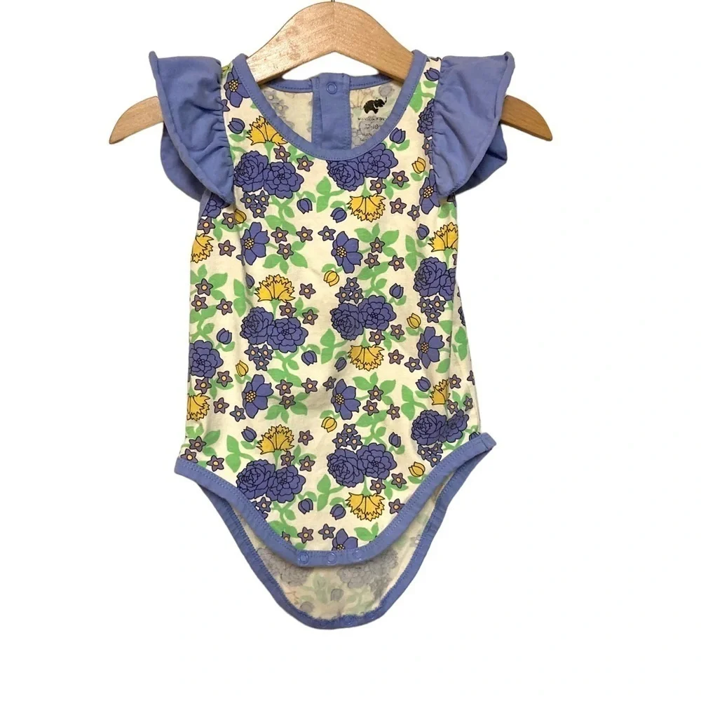 monica and andy 12-18M retro floral print one piece ruffle sleeve organic cotton